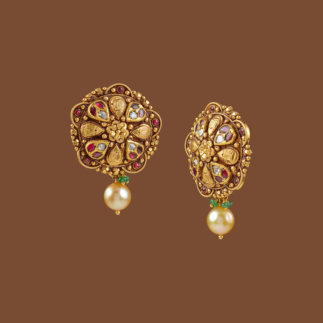 22k Gold Studs with Hanging Pearl - Krishna Jewellers Pearls and Gems