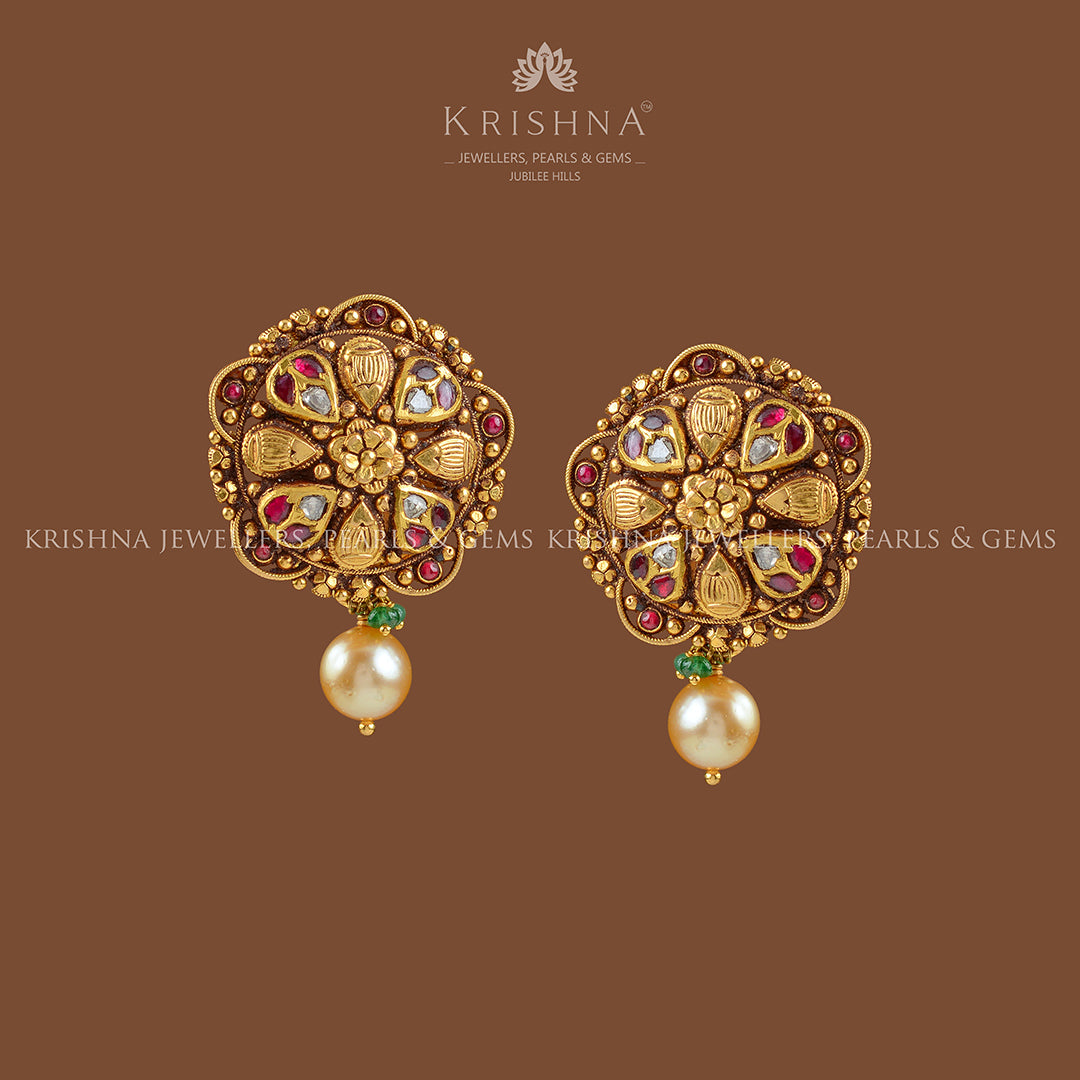 22k Gold Studs with Hanging Pearl - Krishna Jewellers Pearls and Gems