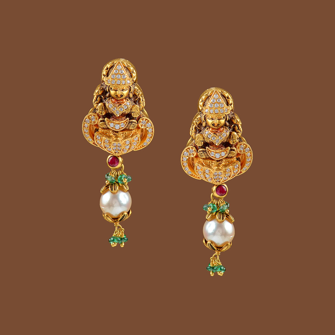 22K Gold Laxmi Devi Earrings - Krishna Jewellers Pearls and Gems