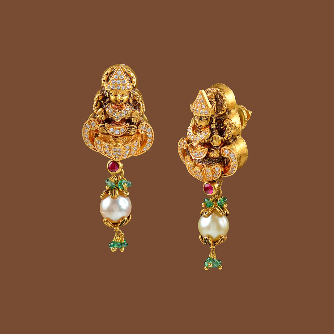 22K Gold Laxmi Devi Earrings - Krishna Jewellers Pearls and Gems