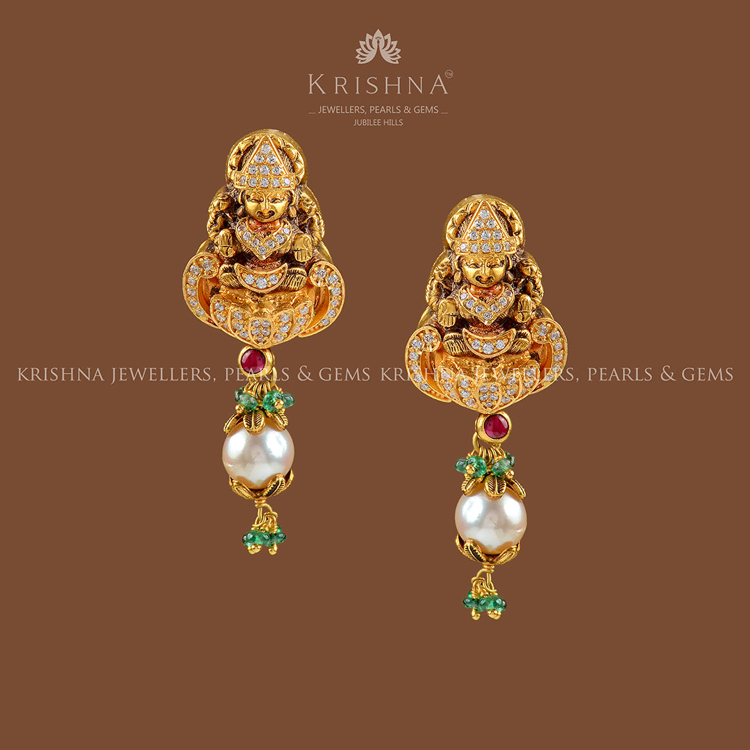 22K Gold Laxmi Devi Earrings - Krishna Jewellers Pearls and Gems