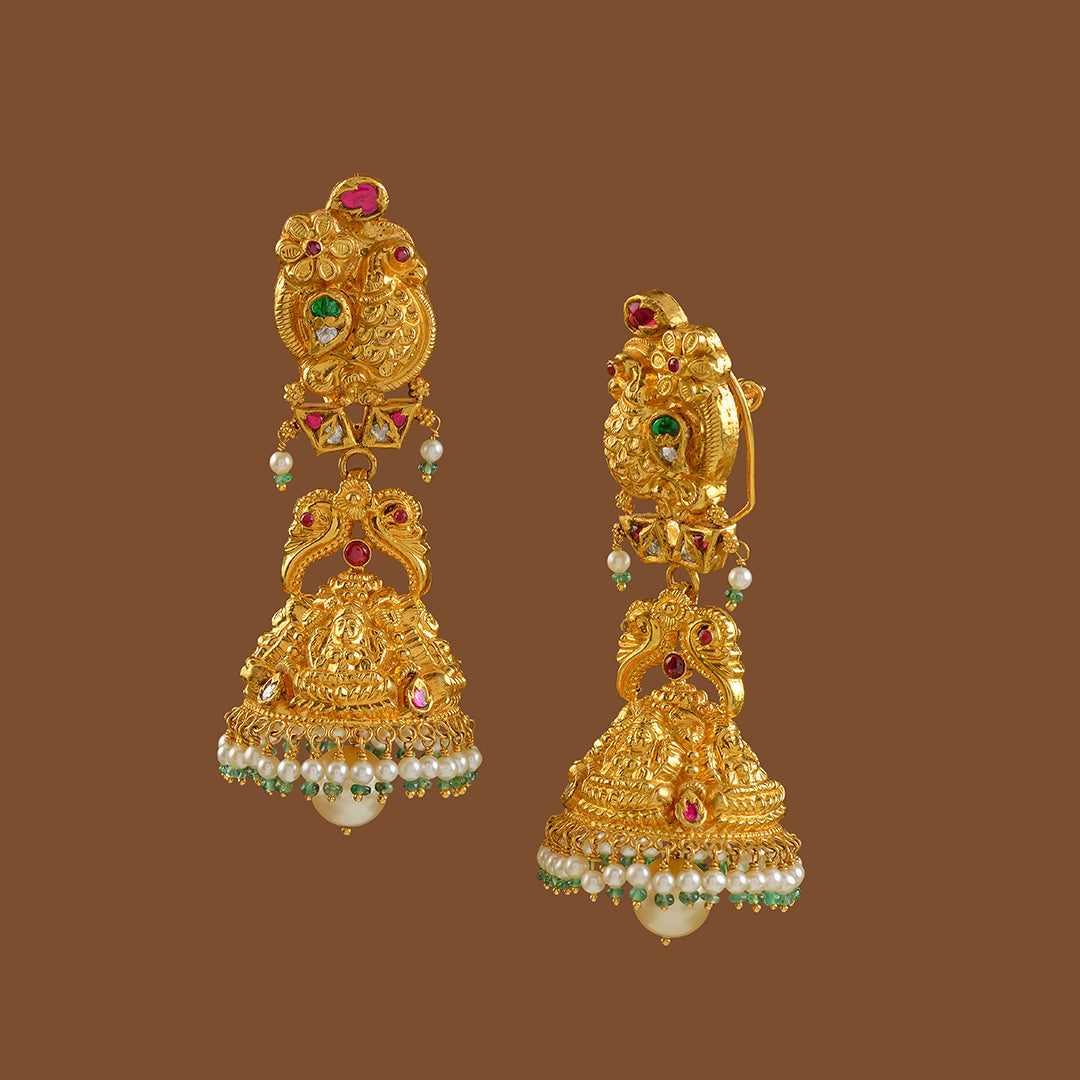 Gold Chandbali Earrings with Filgree Work - Krishna Jewellers Pearls and Gems