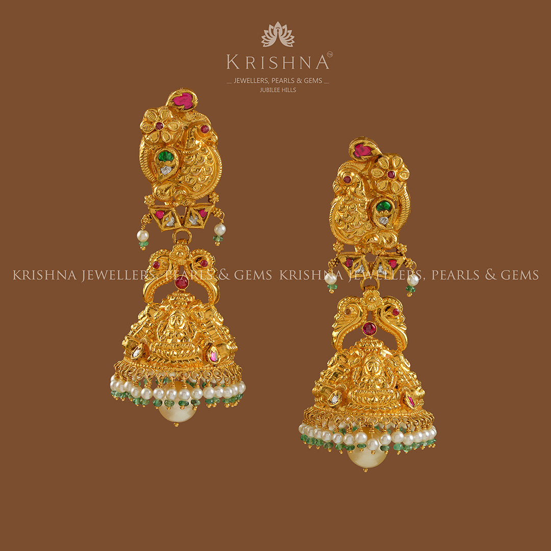 Gold Chandbali Earrings with Filgree Work - Krishna Jewellers Pearls and Gems