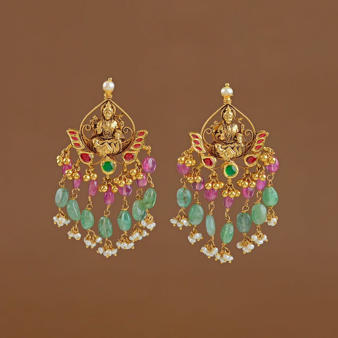 22k Gold Chandbali Emerald Earrings - Krishna Jewellers Pearls and Gems