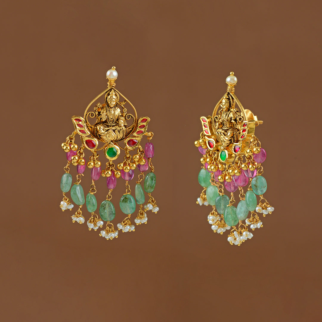 22k Gold Chandbali Emerald Earrings - Krishna Jewellers Pearls and Gems