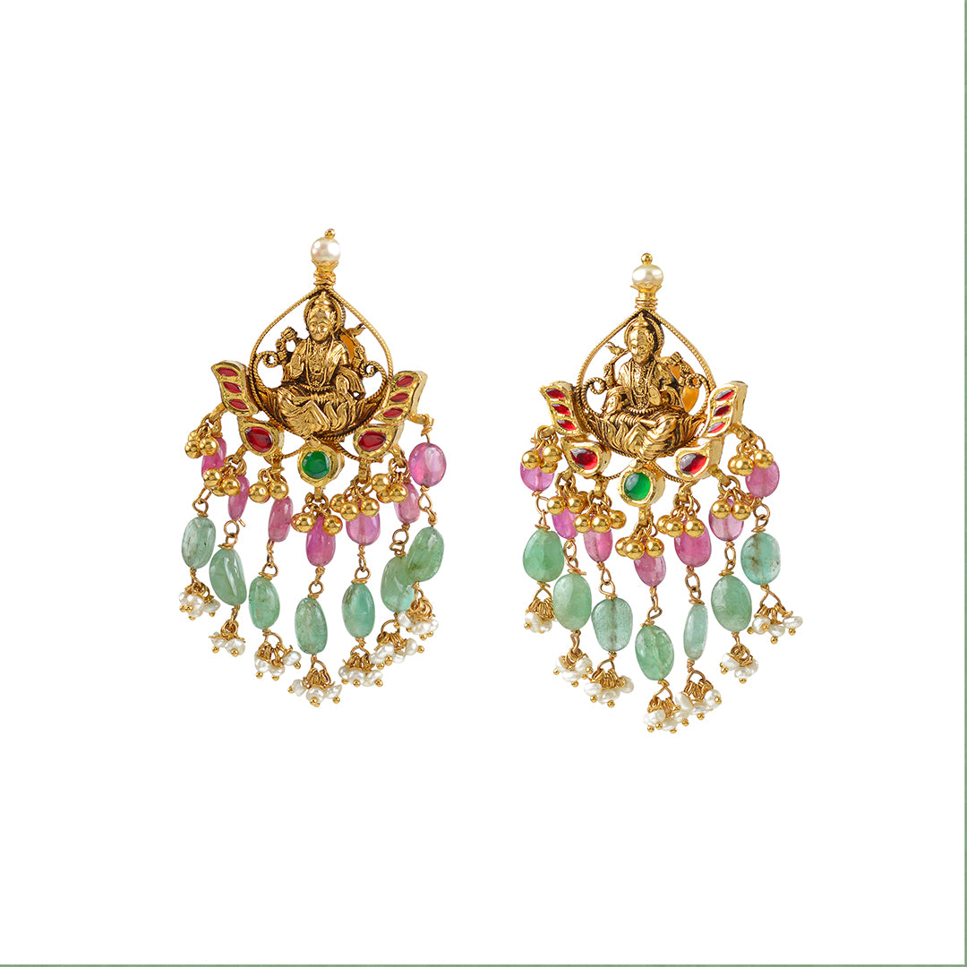22k Gold Chandbali Emerald Earrings - Krishna Jewellers Pearls and Gems