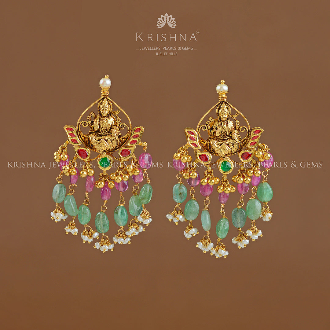 22k Gold Chandbali Emerald Earrings - Krishna Jewellers Pearls and Gems