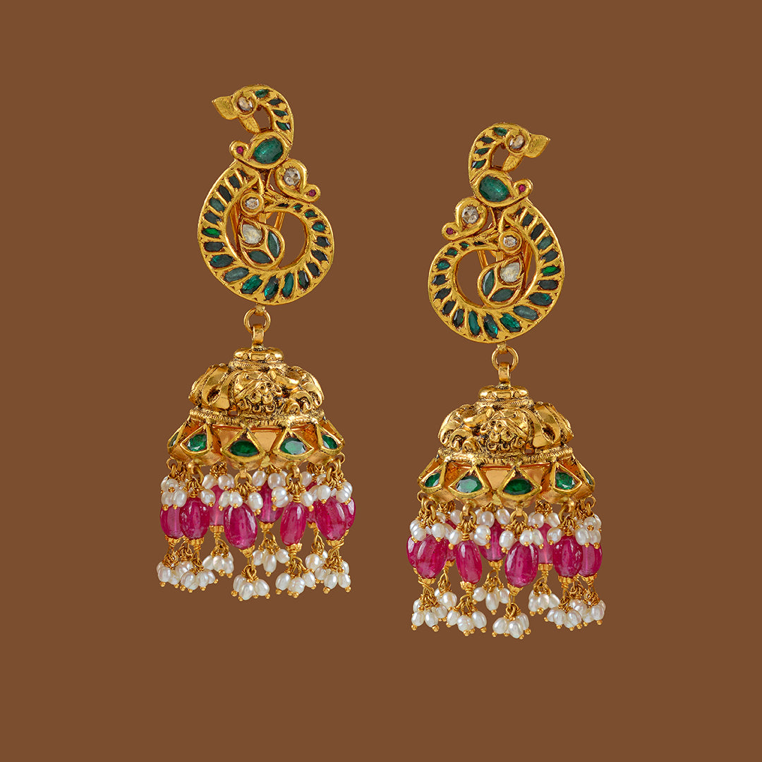 Gold Jhumka Earrings with  Ruby-Emerlad Pota - Krishna Jewellers Pearls and Gems
