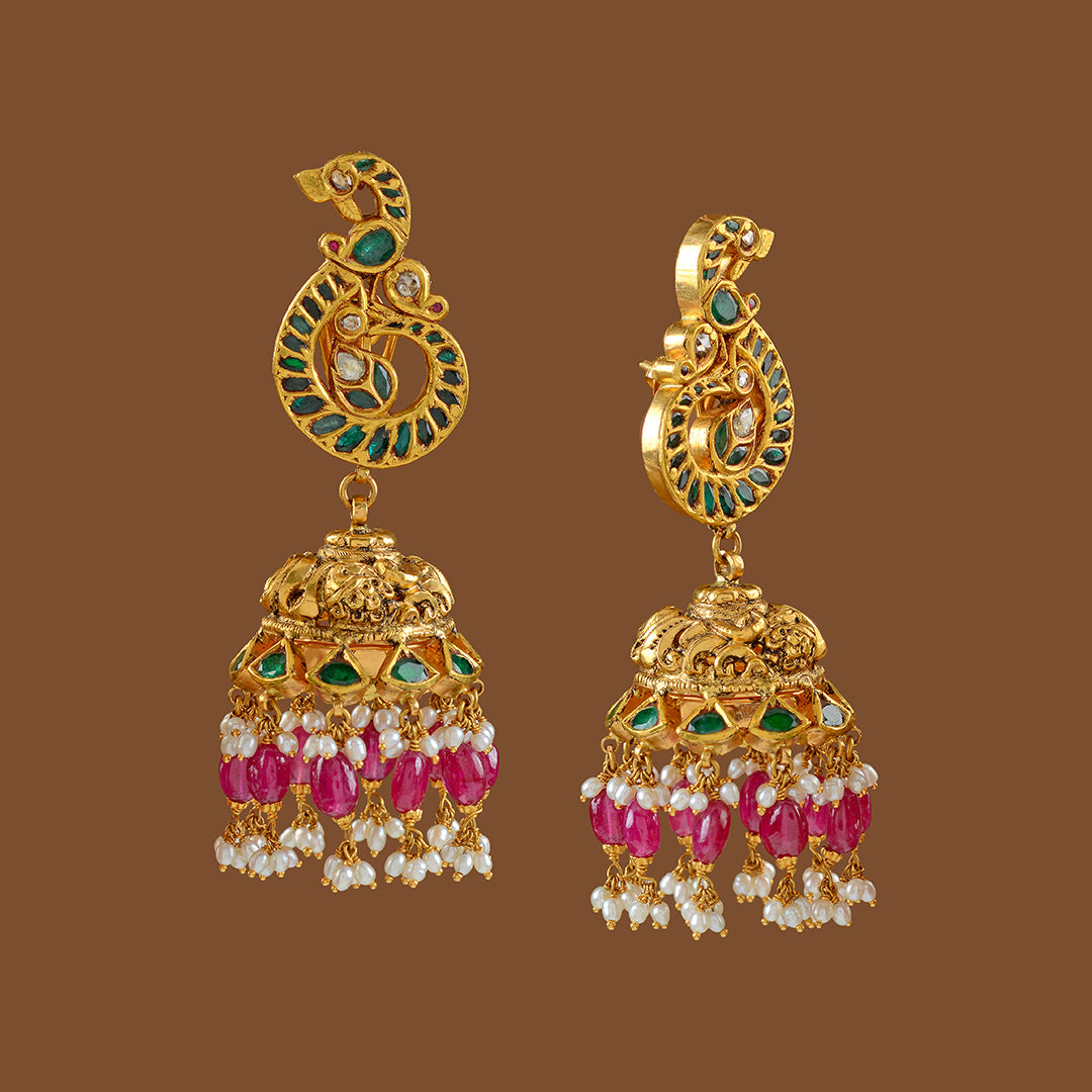 Gold Jhumka Earrings with  Ruby-Emerlad Pota - Krishna Jewellers Pearls and Gems