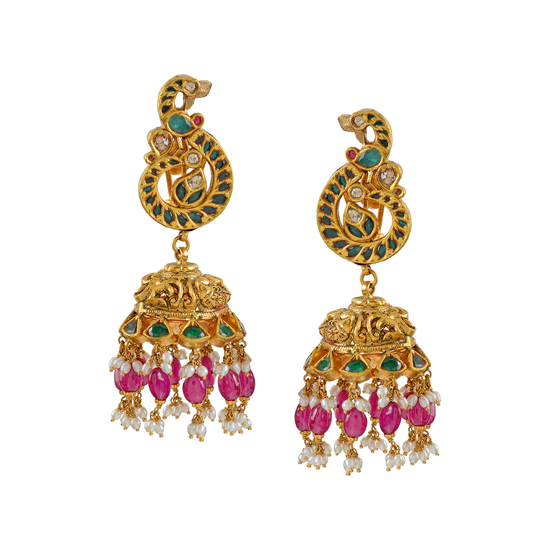 Gold Jhumka Earrings with  Ruby-Emerlad Pota - Krishna Jewellers Pearls and Gems
