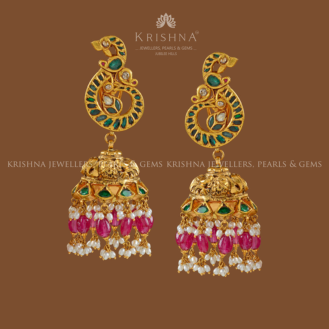Gold Jhumka Earrings with  Ruby-Emerlad Pota - Krishna Jewellers Pearls and Gems