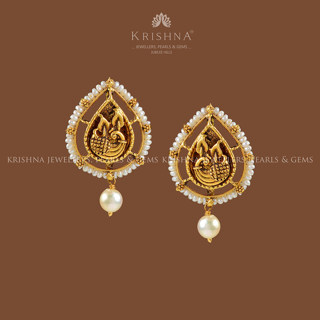 22k Gold Pearl Hanging Earrings - Krishna Jewellers Pearls and Gems