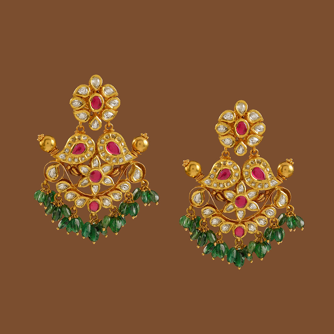 Gold Chandbali Earrings with Emerald Drops - Krishna Jewellers Pearls and Gems
