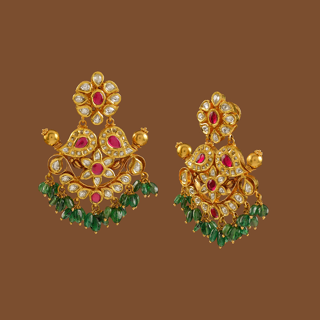 Gold Chandbali Earrings with Emerald Drops - Krishna Jewellers Pearls and Gems