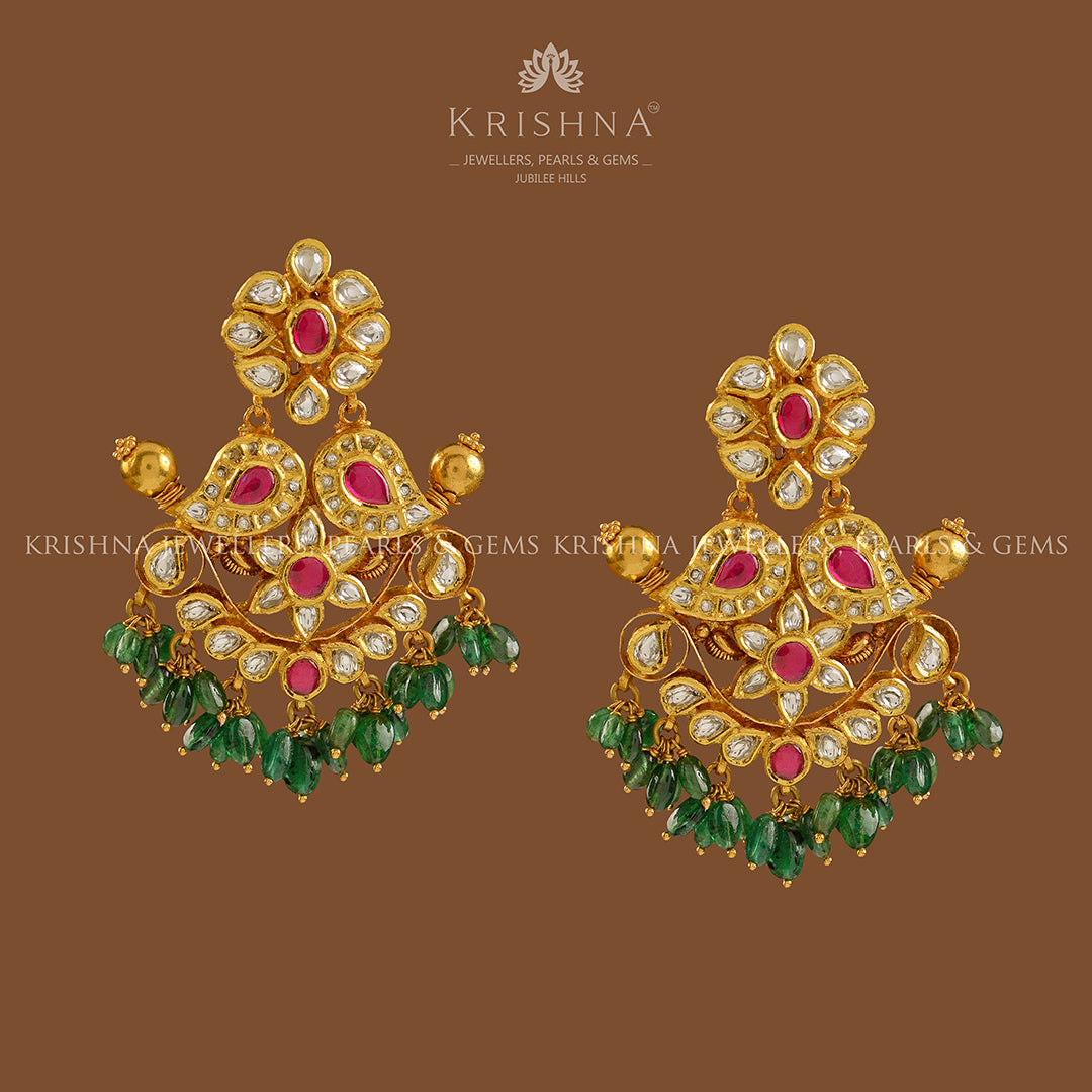 Gold Chandbali Earrings with Emerald Drops - Krishna Jewellers Pearls and Gems