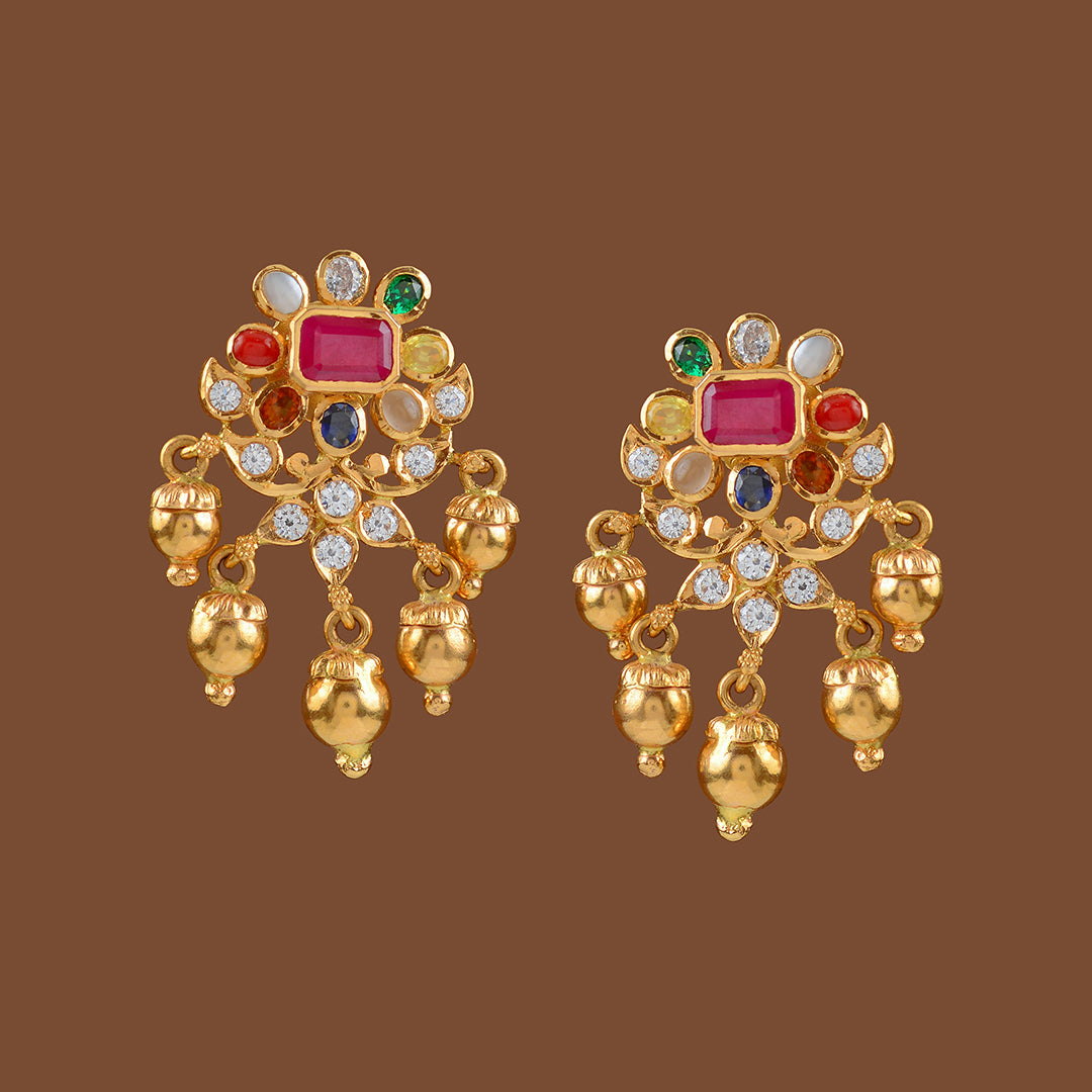 22k Gold CZ Navaratan Earrings - Krishna Jewellers Pearls and Gems