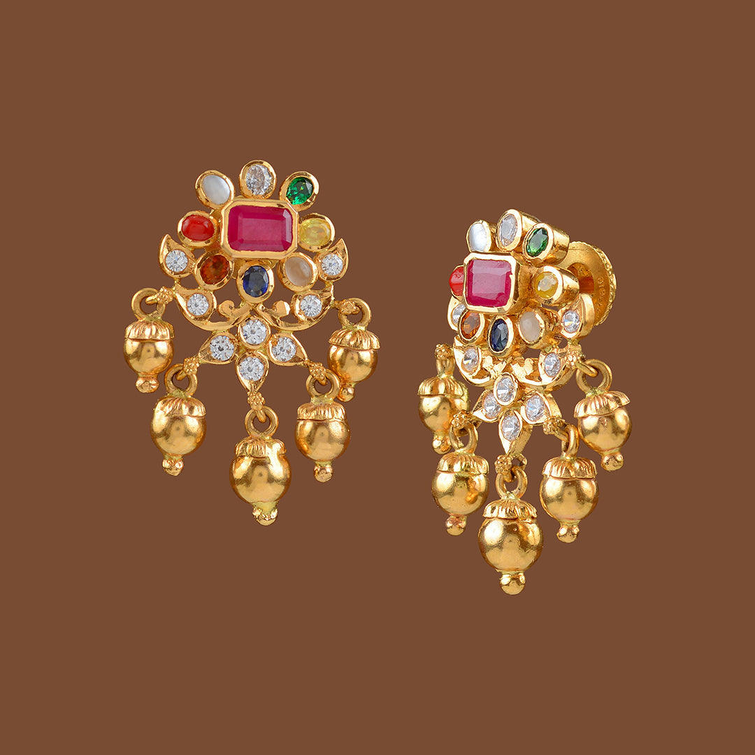 22k Gold CZ Navaratan Earrings - Krishna Jewellers Pearls and Gems