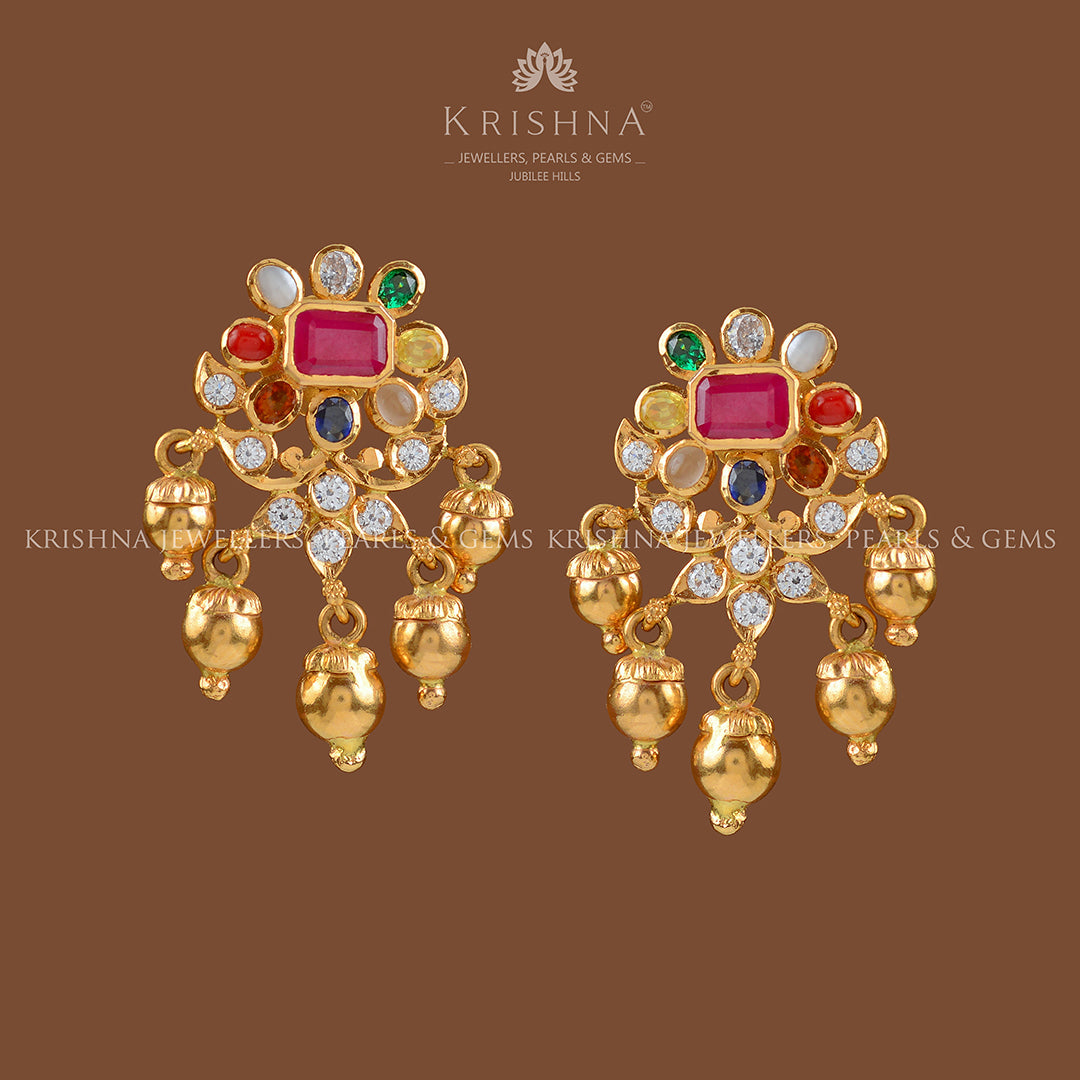22k Gold CZ Navaratan Earrings - Krishna Jewellers Pearls and Gems