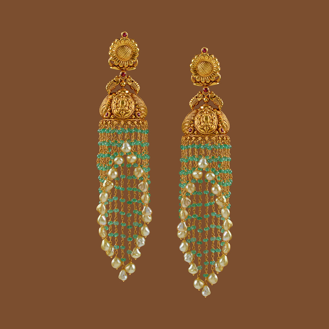 Gold Jhoomer Earrings with Floral Emeralds and Pearl lines - Krishna Jewellers Pearls and Gems