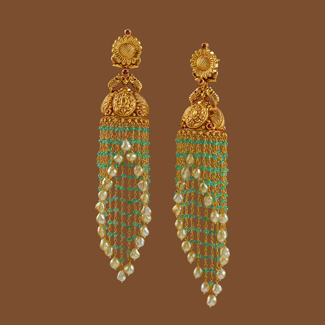 Gold Jhoomer Earrings with Floral Emeralds and Pearl lines - Krishna Jewellers Pearls and Gems