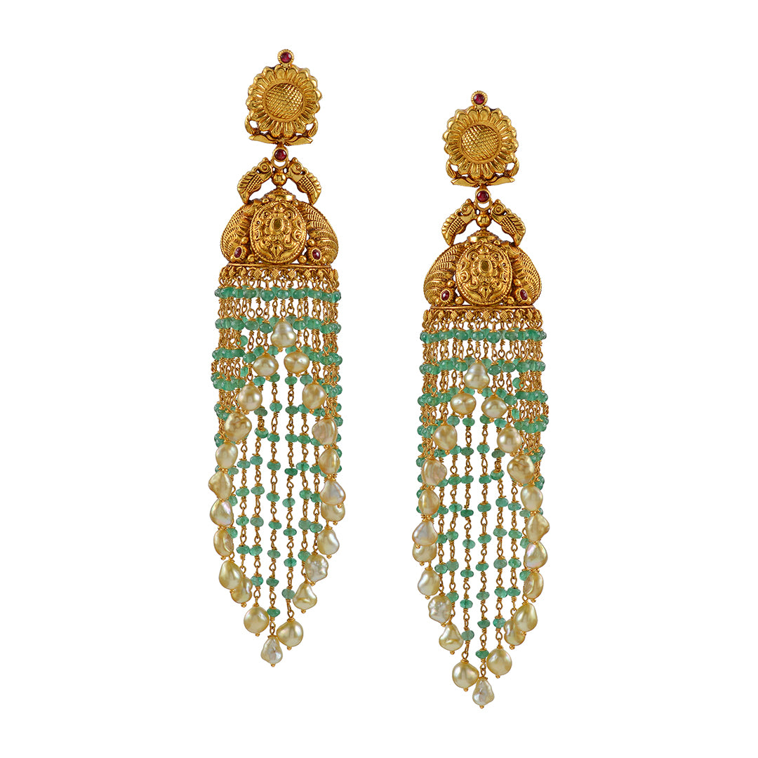 Gold Jhoomer Earrings with Floral Emeralds and Pearl lines - Krishna Jewellers Pearls and Gems