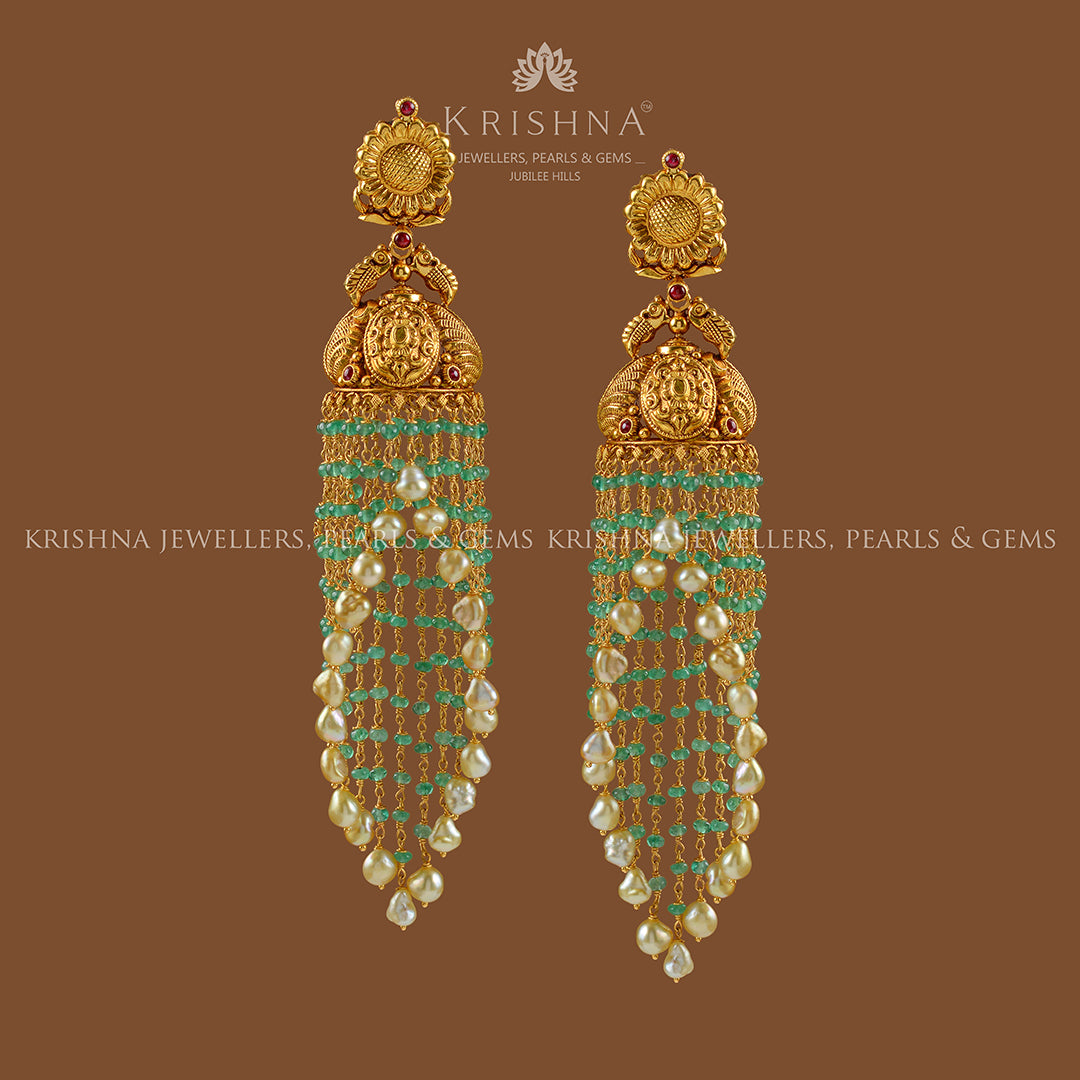 Gold Jhoomer Earrings with Floral Emeralds and Pearl lines - Krishna Jewellers Pearls and Gems