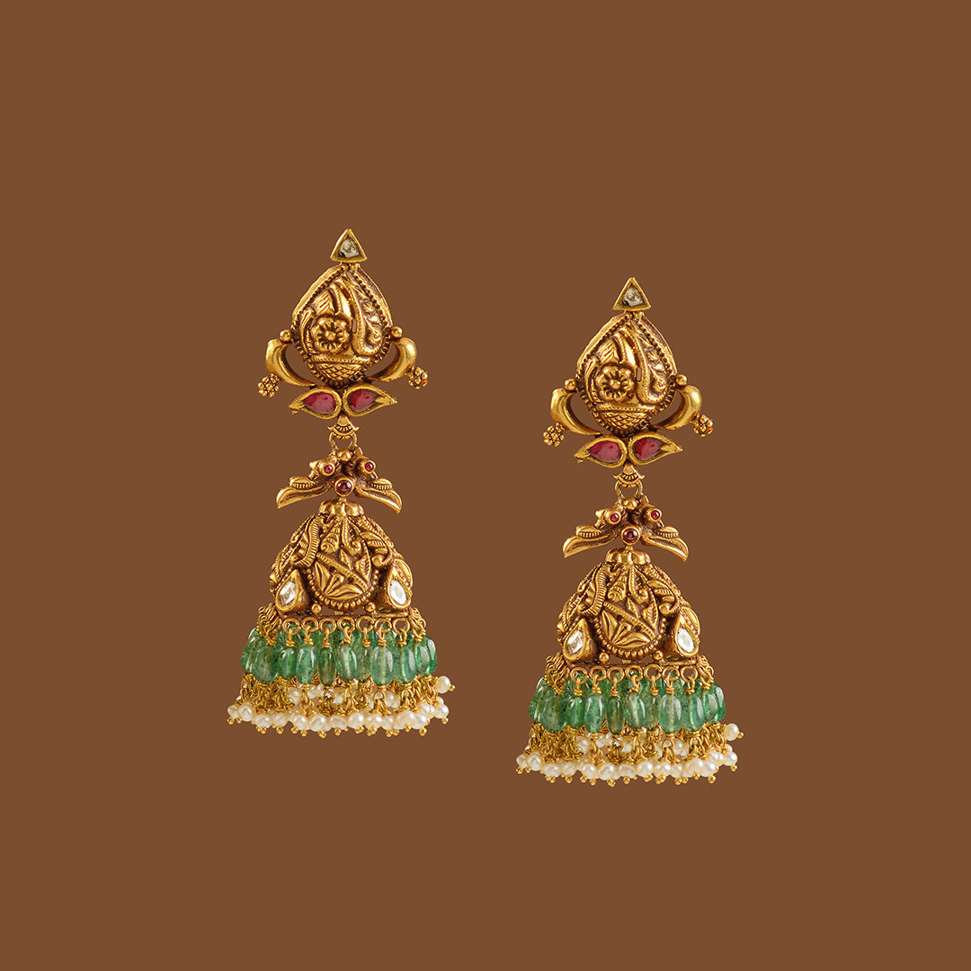 Elegant Gold Jhumka Earrings with Guttapusalu - Krishna Jewellers Pearls and Gems