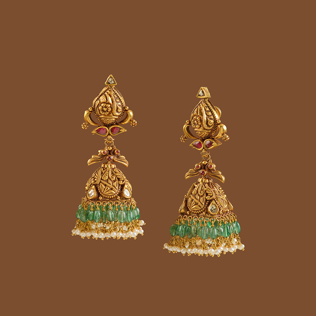 Elegant Gold Jhumka Earrings with Guttapusalu - Krishna Jewellers Pearls and Gems