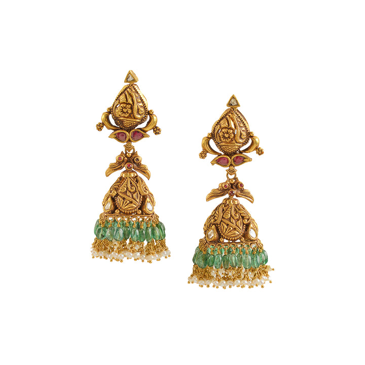 Elegant Gold Jhumka Earrings with Guttapusalu - Krishna Jewellers Pearls and Gems