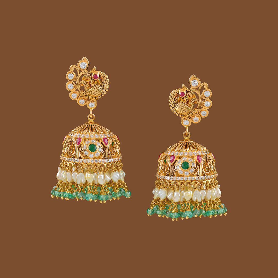 Gold Jhumka Earrings with Hanging Pearls and Emeralds - Krishna Jewellers Pearls and Gems