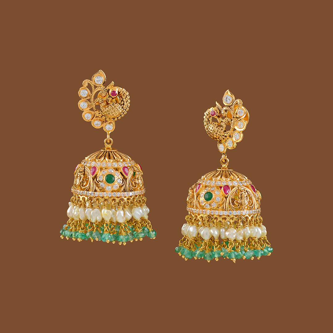 Gold Jhumka Earrings with Hanging Pearls and Emeralds - Krishna Jewellers Pearls and Gems