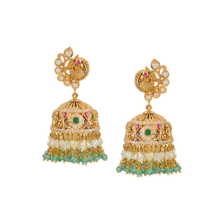 Gold Jhumka Earrings with Hanging Pearls and Emeralds - Krishna Jewellers Pearls and Gems