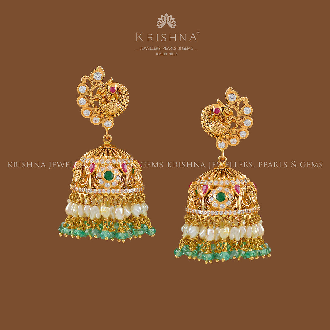 Gold Jhumka Earrings with Hanging Pearls and Emeralds - Krishna Jewellers Pearls and Gems