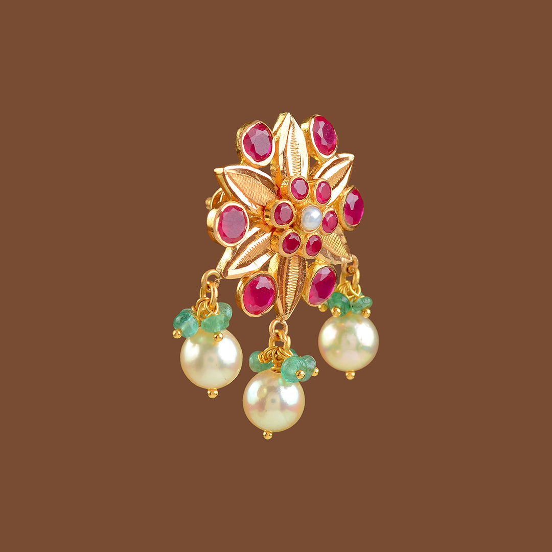 22k Gold Ruby Pearl Earrings - Krishna Jewellers Pearls and Gems