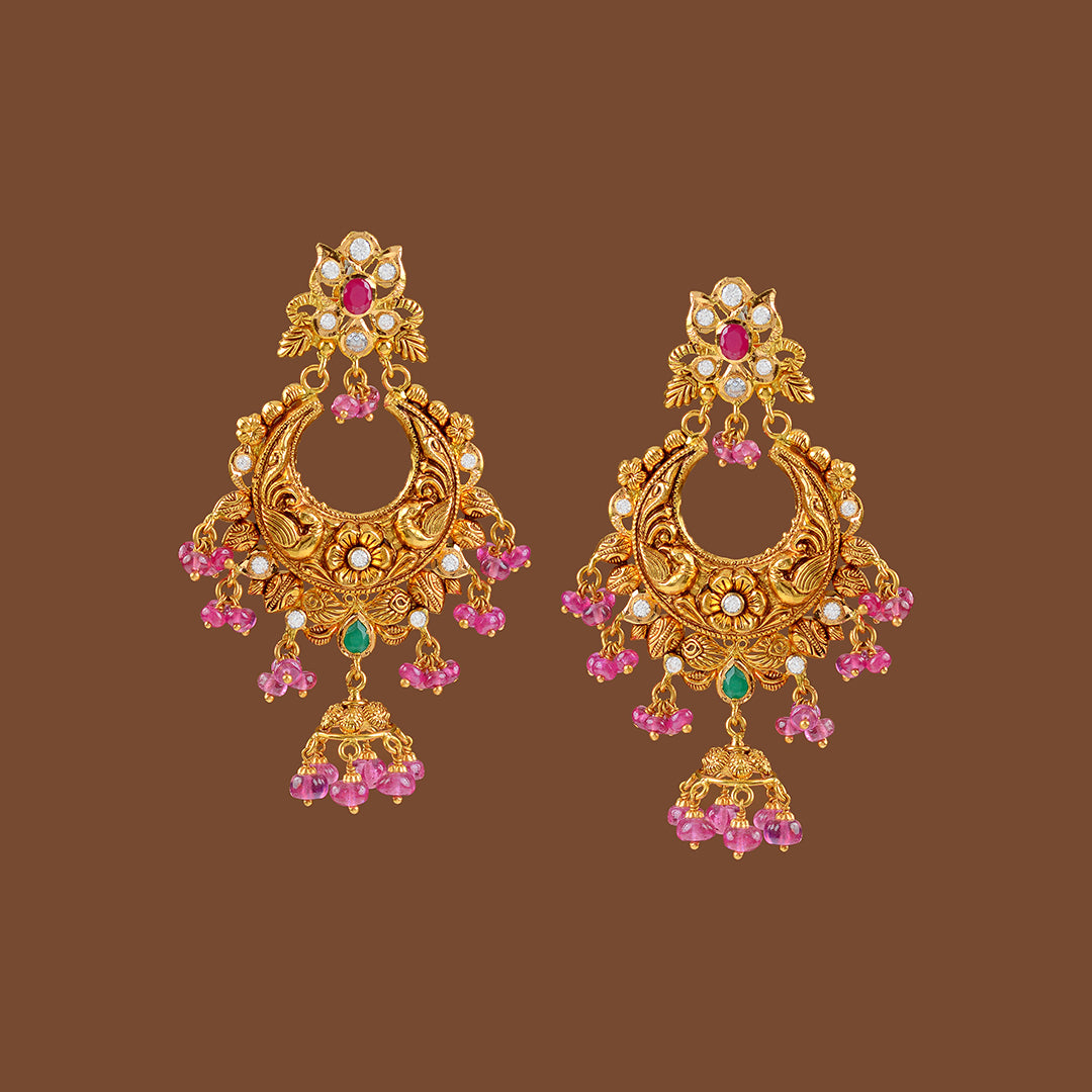 22k Gold Ruby Chandbali Earrings - Krishna Jewellers Pearls and Gems