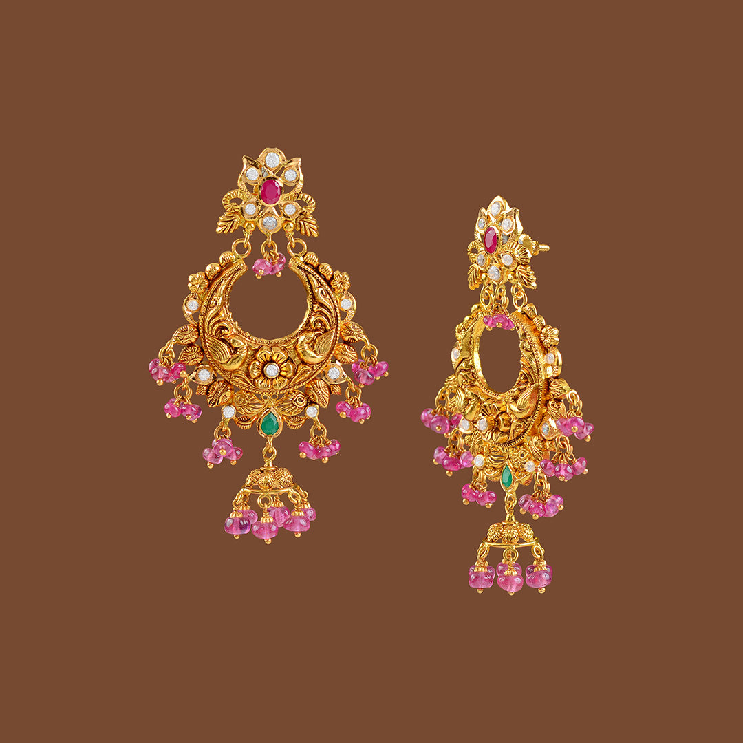 22k Gold Ruby Chandbali Earrings - Krishna Jewellers Pearls and Gems