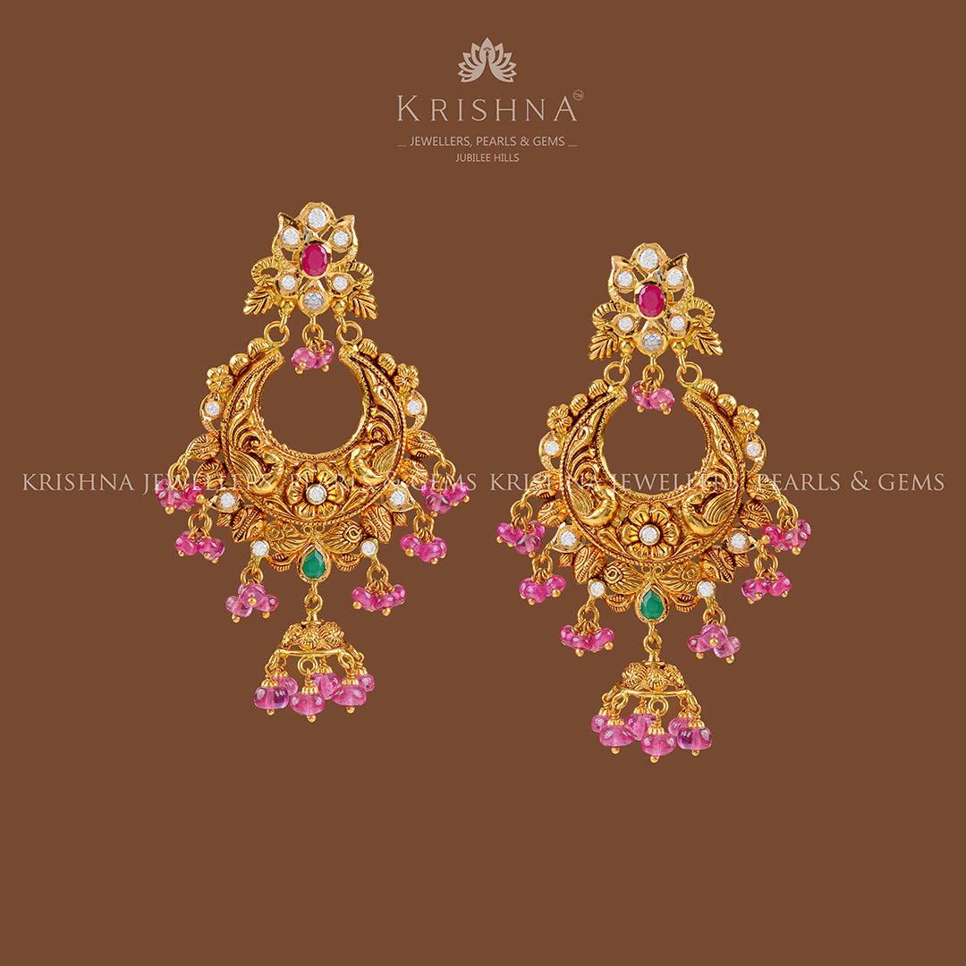 22k Gold Ruby Chandbali Earrings - Krishna Jewellers Pearls and Gems