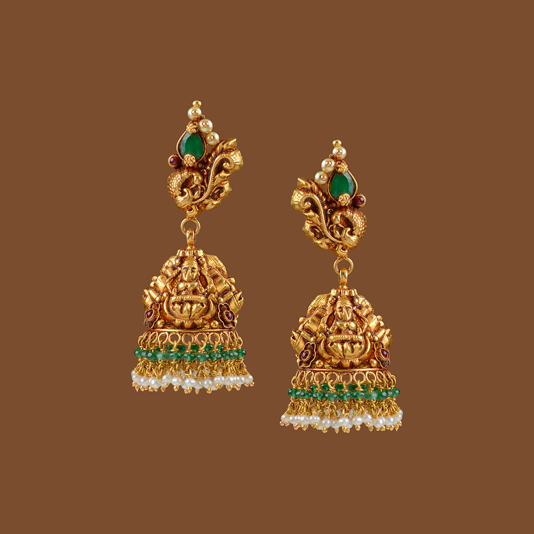22k Gold Emerald Laxmi Devi Earrings - Krishna Jewellers Pearls and Gems