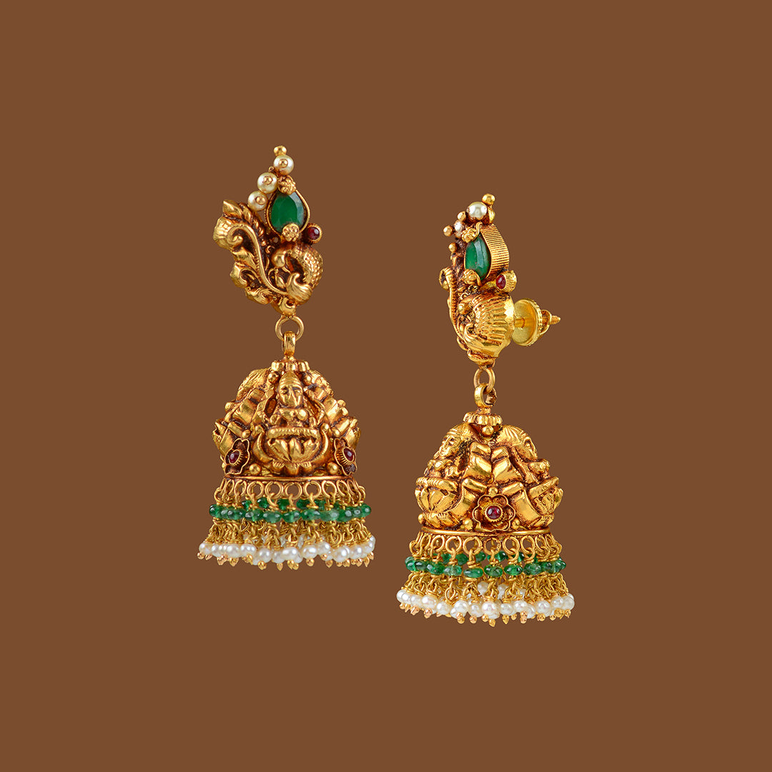 22k Gold Emerald Laxmi Devi Earrings - Krishna Jewellers Pearls and Gems