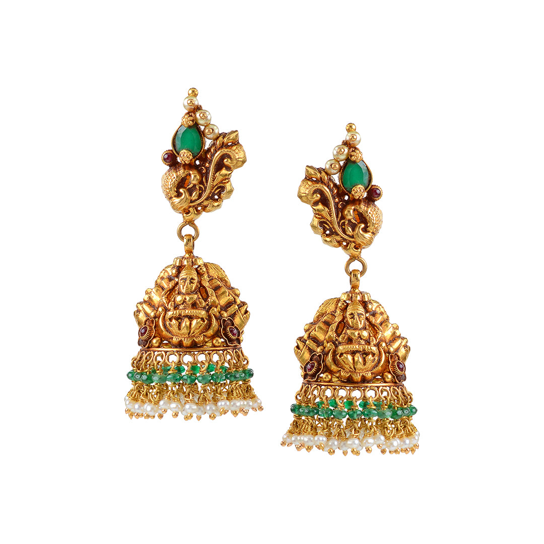 22k Gold Emerald Laxmi Devi Earrings - Krishna Jewellers Pearls and Gems