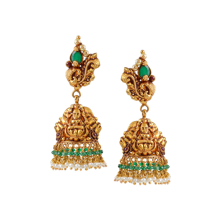 22k Gold Emerald Laxmi Devi Earrings - Krishna Jewellers Pearls and Gems