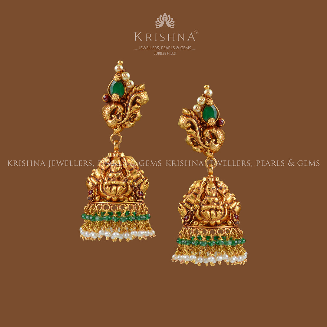 22k Gold Emerald Laxmi Devi Earrings - Krishna Jewellers Pearls and Gems