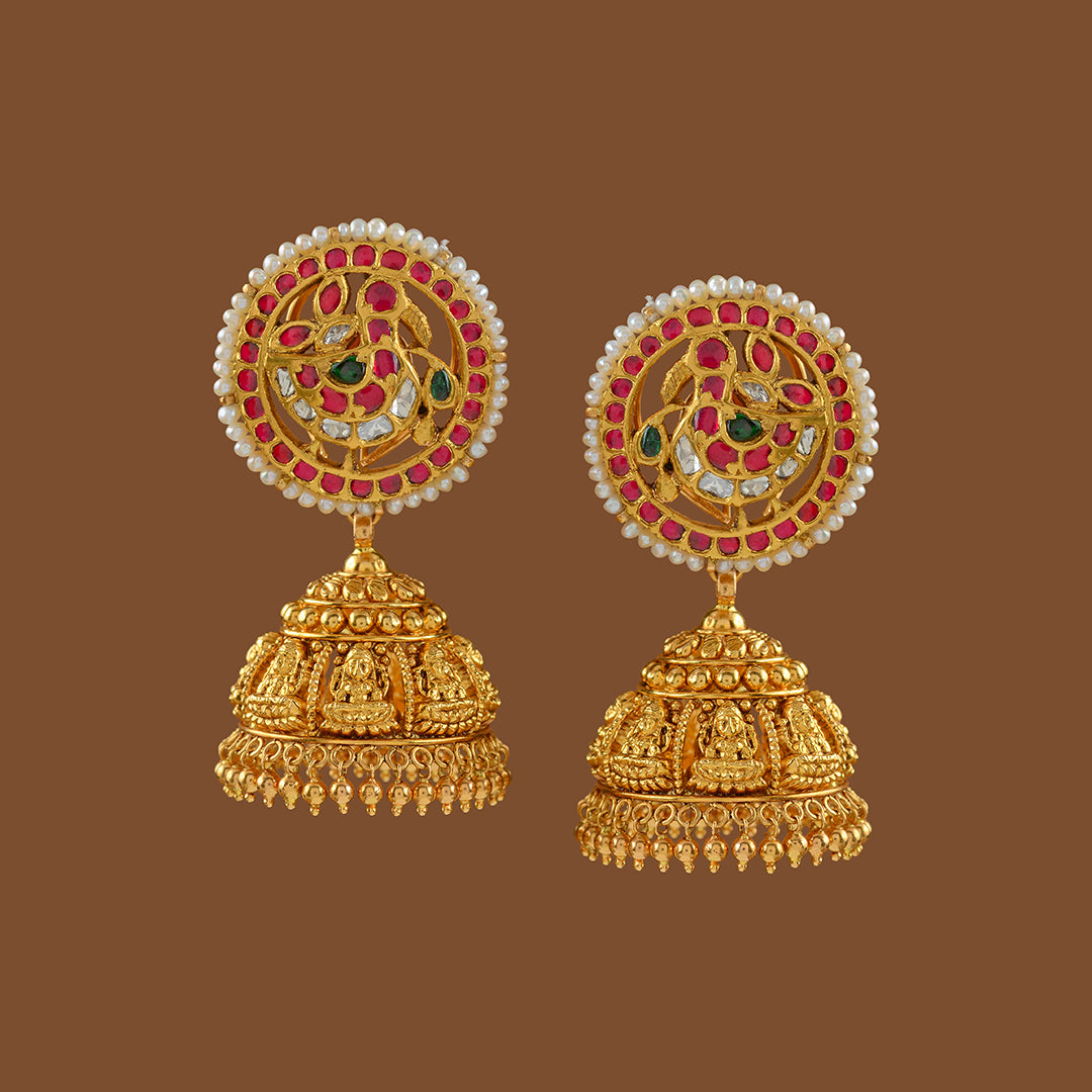 Gold Jumka Earrings with Nakshi-Kundan Work - Krishna Jewellers Pearls and Gems