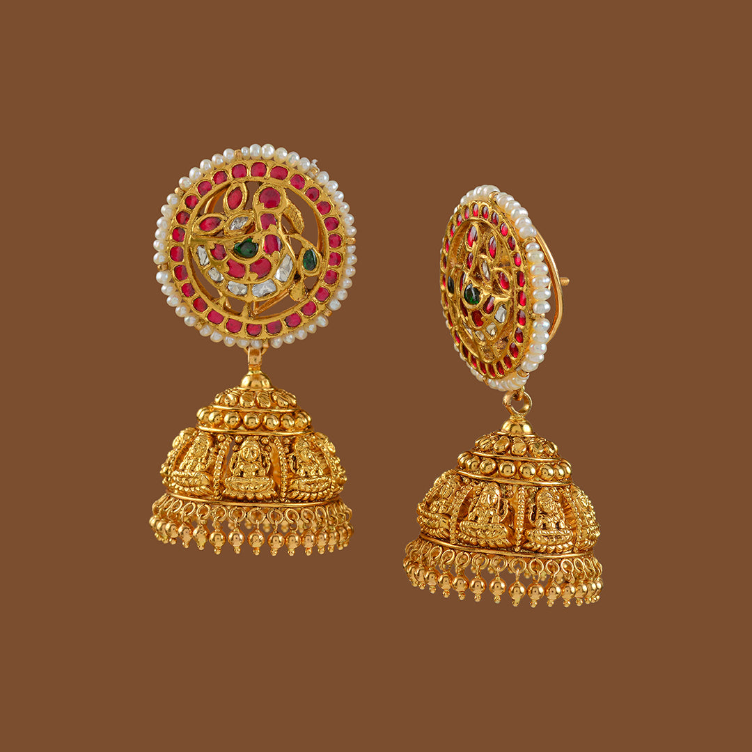 Gold Jumka Earrings with Nakshi-Kundan Work - Krishna Jewellers Pearls and Gems