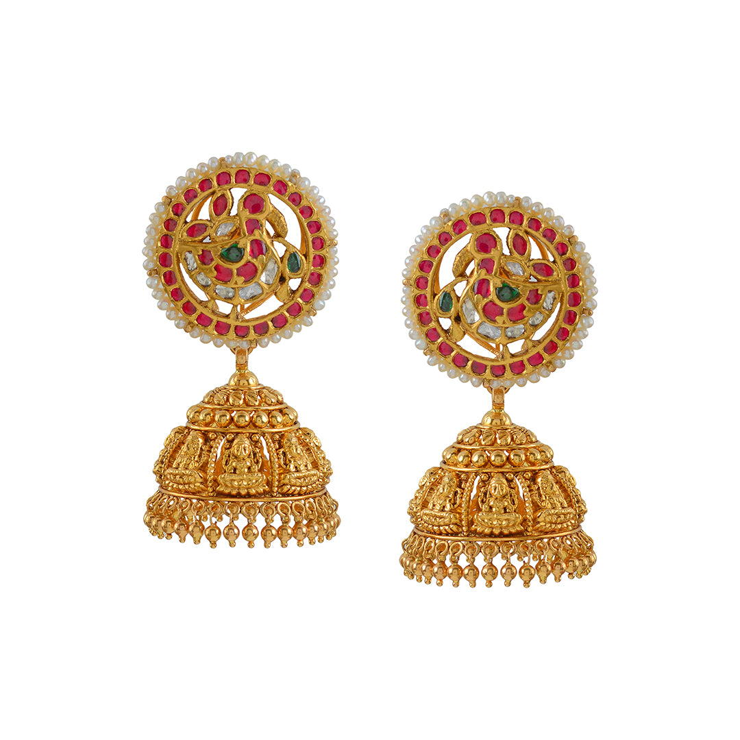 Gold Jumka Earrings with Nakshi-Kundan Work - Krishna Jewellers Pearls and Gems