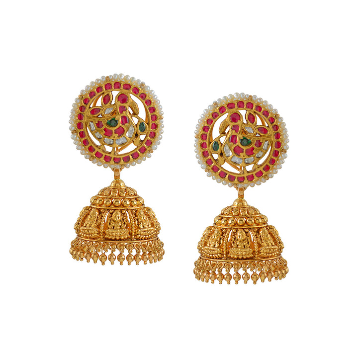 Gold Jumka Earrings with Nakshi-Kundan Work - Krishna Jewellers Pearls and Gems