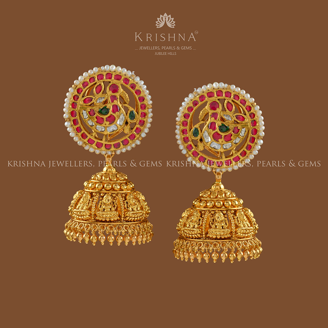 Gold Jumka Earrings with Nakshi-Kundan Work - Krishna Jewellers Pearls and Gems