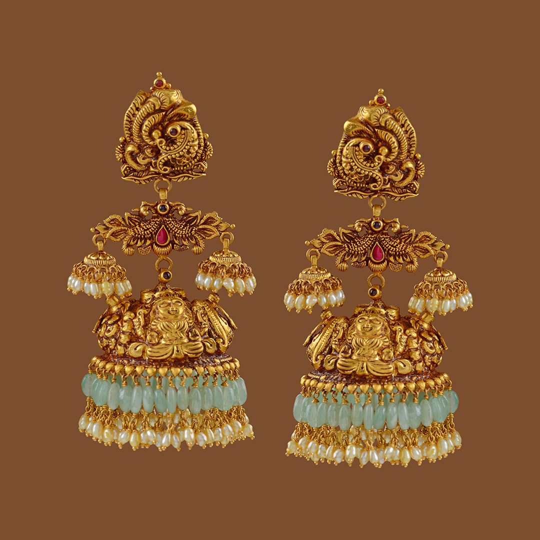 Gold Jhumka  Earrings with Emerald Beads - Krishna Jewellers Pearls and Gems