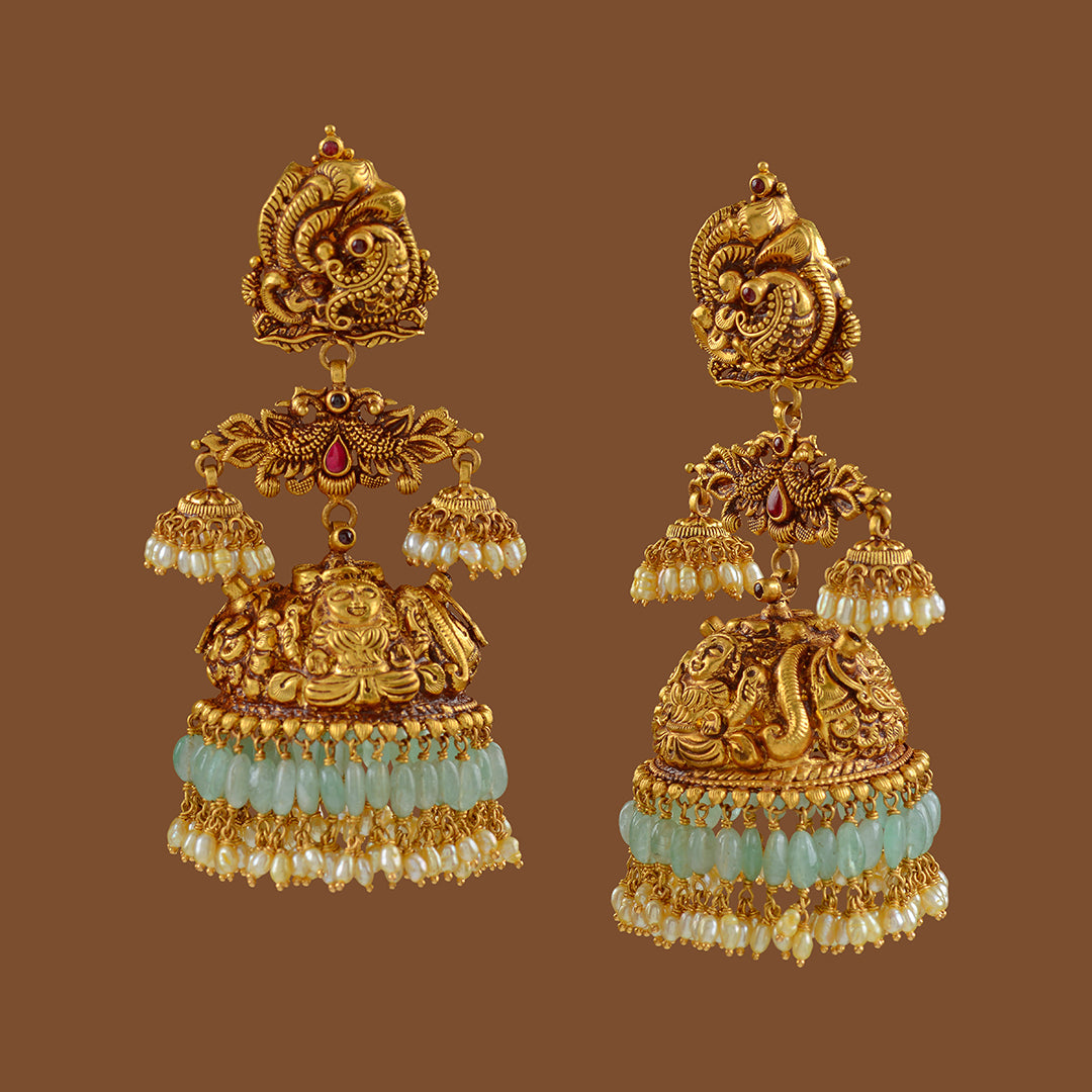 Gold Jhumka  Earrings with Emerald Beads - Krishna Jewellers Pearls and Gems