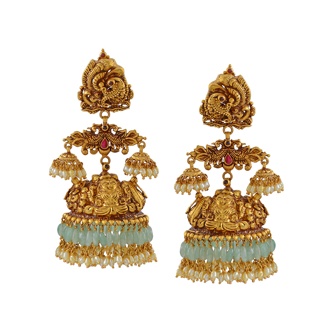 Gold Jhumka  Earrings with Emerald Beads - Krishna Jewellers Pearls and Gems